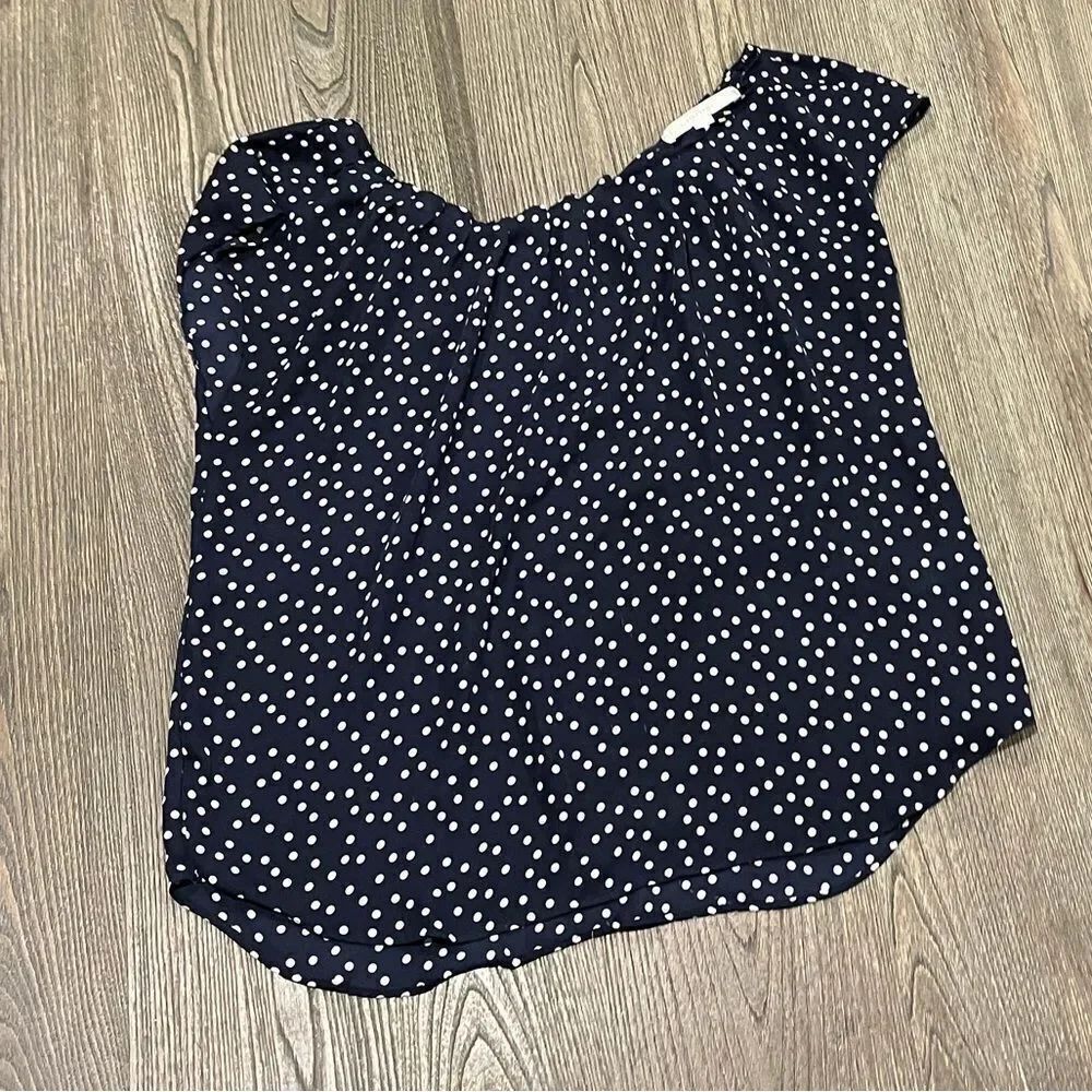 LC Lauren Conrad Blouse Cap Sleeves Polka Dots Round Neck Navy Blue White Large